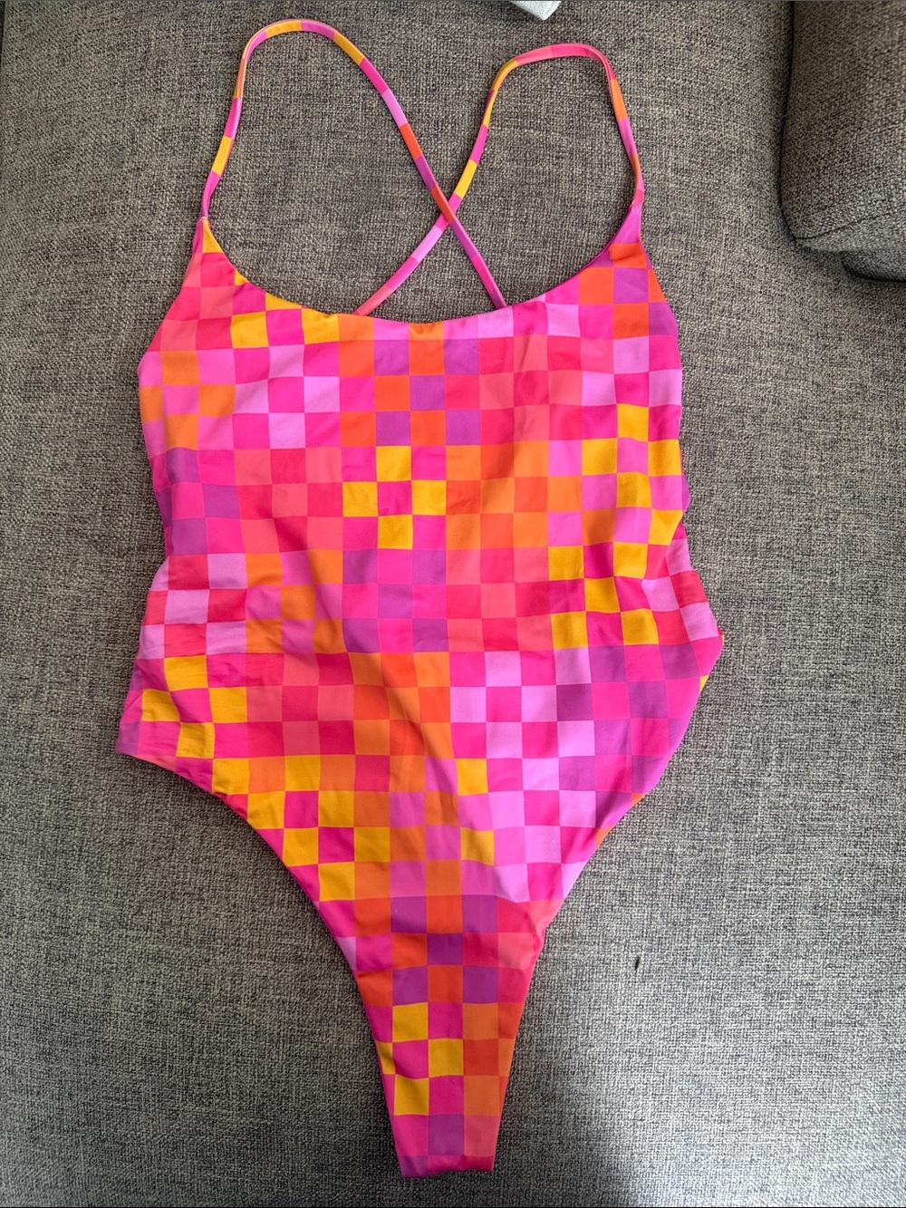 Unofficialswim- Pink & Orange Checker One-Piece Swimsuit -Reversible- NEVER USED